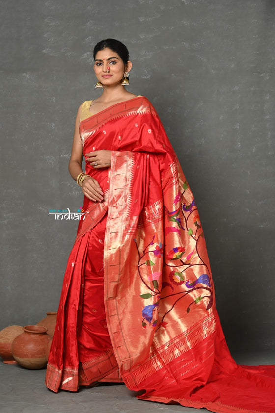 Tyohaar~Designed By VMI ~ Handloom Pure Silk Muniya Borde with Peacock Parrot  Pallu in Bright Red