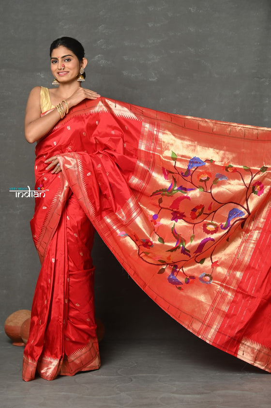 Tyohaar~Designed By VMI ~ Handloom Pure Silk Muniya Borde with Peacock Parrot  Pallu in Bright Red