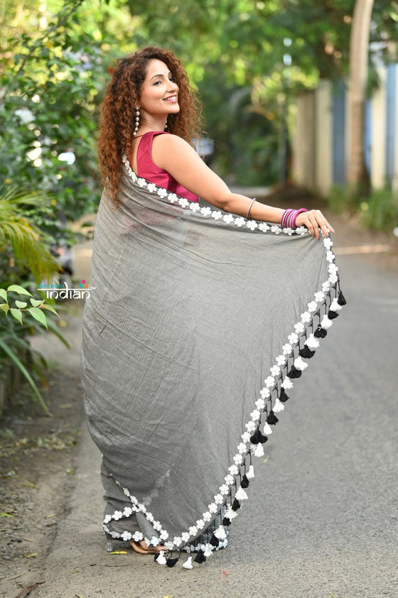 Taapsee ~ Designer! Pure  Mul Cotton Saree with Sleek Border ~ Salient Grey