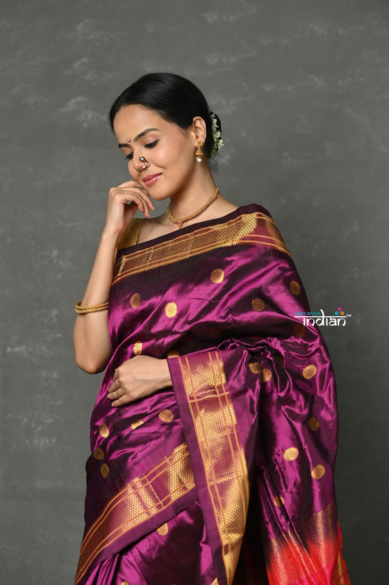 Tyohaar ~ Handloom Pure Silk  Maharani Paithani Saree with Handcrafted Maharani Pallu ~ Wine