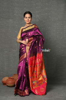  Tyohaar ~ Handloom Pure Silk  Maharani Paithani Saree with Handcrafted Maharani Pallu ~ Wine