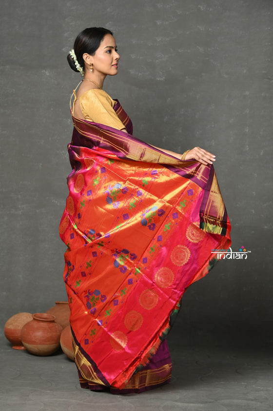 Tyohaar ~ Handloom Pure Silk  Maharani Paithani Saree with Handcrafted Maharani Pallu ~ Wine