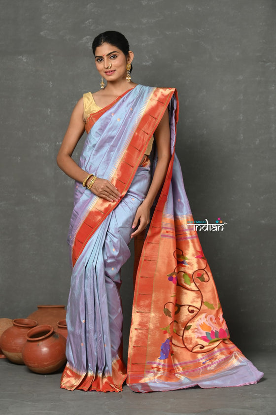 Tyohaar~Designed By VMI ~ Handloom Pure Silk Muniya Border with Exclusive Swan Lotus Pallu in Lavender