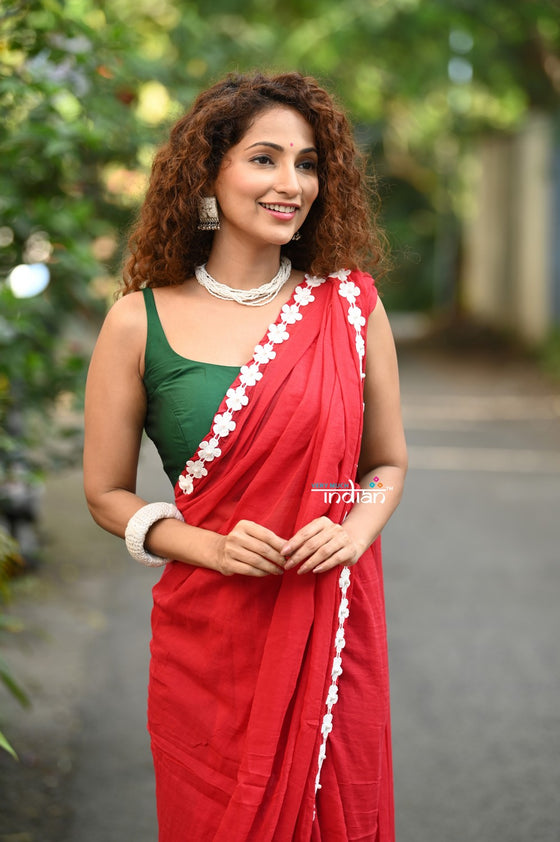 Taapsee ~ Designer! Pure  Mul Cotton Saree with Sleek Border ~ Bright Red