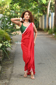  Taapsee ~ Designer! Pure  Mul Cotton Saree with Sleek Border ~ Bright Red