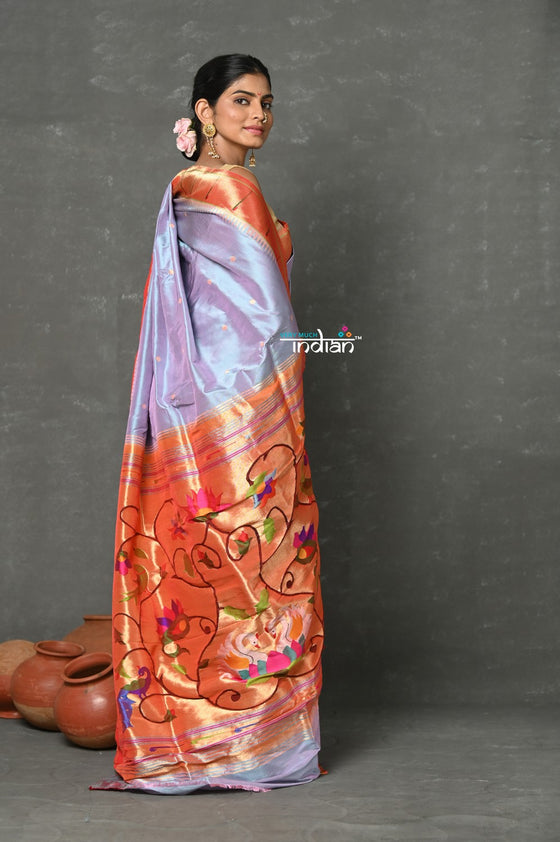 Tyohaar~Designed By VMI ~ Handloom Pure Silk Muniya Border with Exclusive Swan Lotus Pallu in Lavender