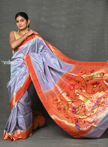  Tyohaar~Designed By VMI ~ Handloom Pure Silk Muniya Border with Exclusive Swan Lotus Pallu in Lavender