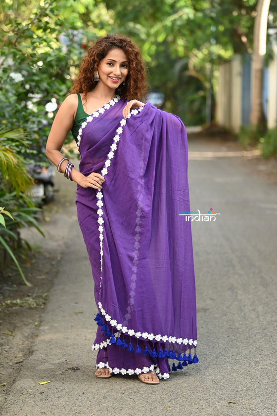 Taapsee ~ Designer! Pure  Mul Cotton Saree with Sleek Border ~ Purple