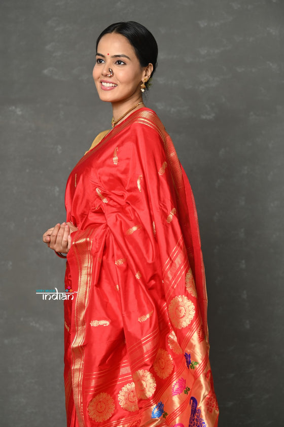 Tyohaar ~ Handloom Pure Silk  Maharani Paithani Saree with Nath Buttis & Handcrafted Peacock Lotus Pallu ~ Red