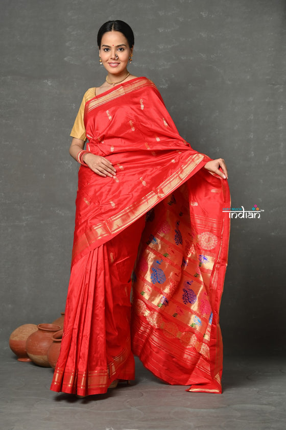 Tyohaar ~ Handloom Pure Silk  Maharani Paithani Saree with Nath Buttis & Handcrafted Peacock Lotus Pallu ~ Red