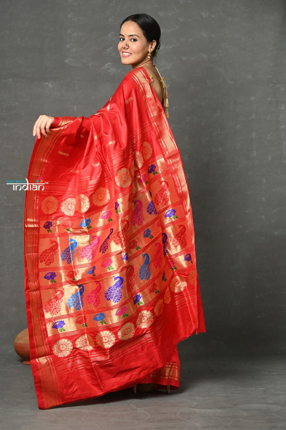 Tyohaar ~ Handloom Pure Silk  Maharani Paithani Saree with Nath Buttis & Handcrafted Peacock Lotus Pallu ~ Red