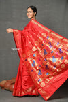 Tyohaar ~ Handloom Pure Silk  Maharani Paithani Saree with Nath Buttis & Handcrafted Peacock Lotus Pallu ~ Red