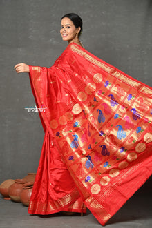  Tyohaar ~ Handloom Pure Silk  Maharani Paithani Saree with Nath Buttis & Handcrafted Peacock Lotus Pallu ~ Red