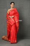 Tyohaar ~ Handloom Pure Silk  Maharani Paithani Saree with Nath Buttis & Handcrafted Peacock Lotus Pallu ~ Red