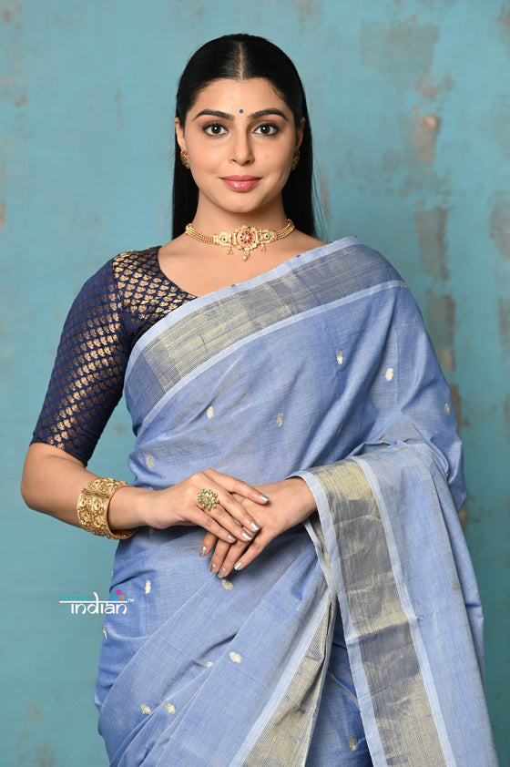 Tyohaar ~ Handloom Pure Cotton Paithani With Lotus Pallu~ Powder Blue