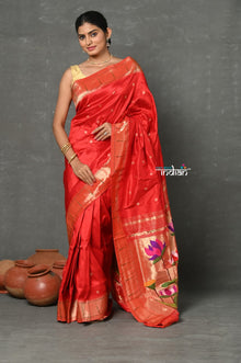  Tyohaar ~ Handloom Pure Silk Muniya Border Paithani Saree with  Handcrafted Lotus Pallu ~ Red