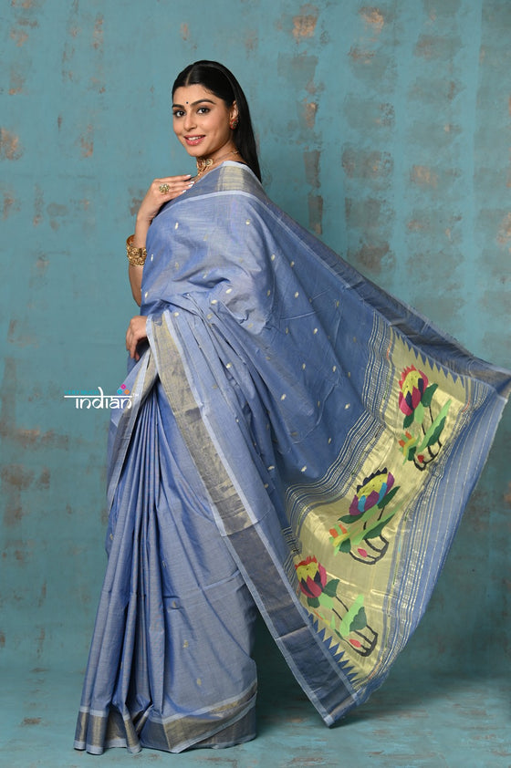 Tyohaar ~ Handloom Pure Cotton Paithani With Lotus Pallu~ Powder Blue