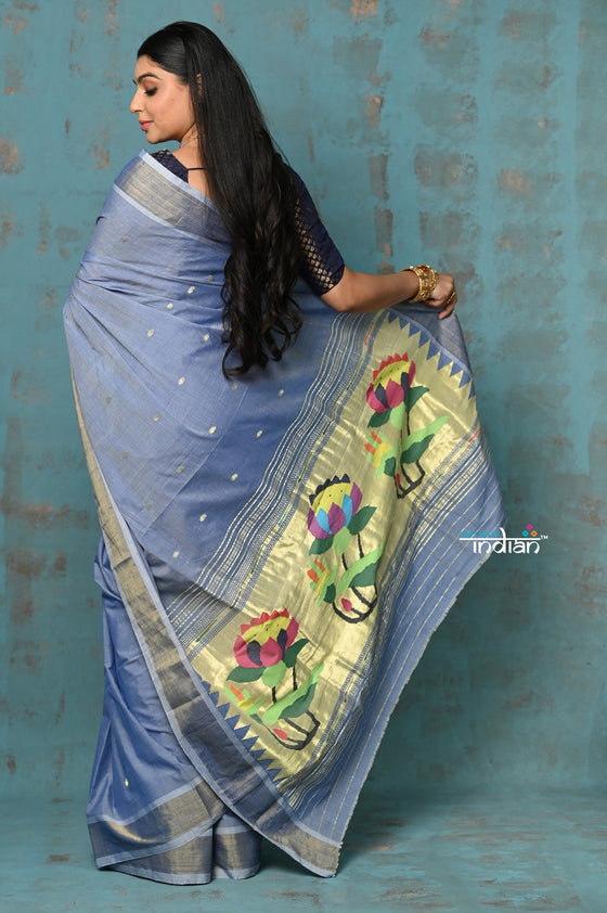 Tyohaar ~ Handloom Pure Cotton Paithani With Lotus Pallu~ Powder Blue