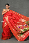 Tyohaar ~ Handloom Pure Silk Muniya Border Paithani Saree with  Handcrafted Lotus Pallu ~ Red