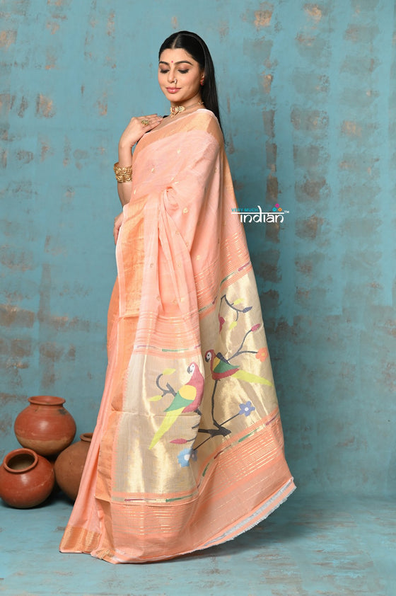 Tyohaar ~ Handloom Pure Cotton Paithani With Parrot Pallu~ Peach