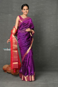  Tyohaar ~ Handloom Pure Chanderi Cotton Silk  Saree With Golden Border - Purple Pink