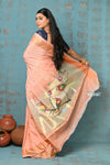 Tyohaar ~ Handloom Pure Cotton Paithani With Parrot Pallu~ Peach