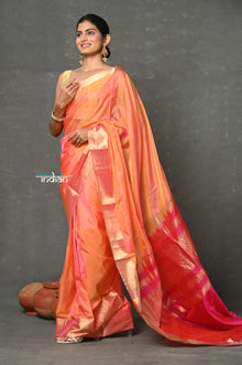  Tyohaar ~ Handloom Pure Chanderi Cotton Silk Saree With Golden Border - Peach