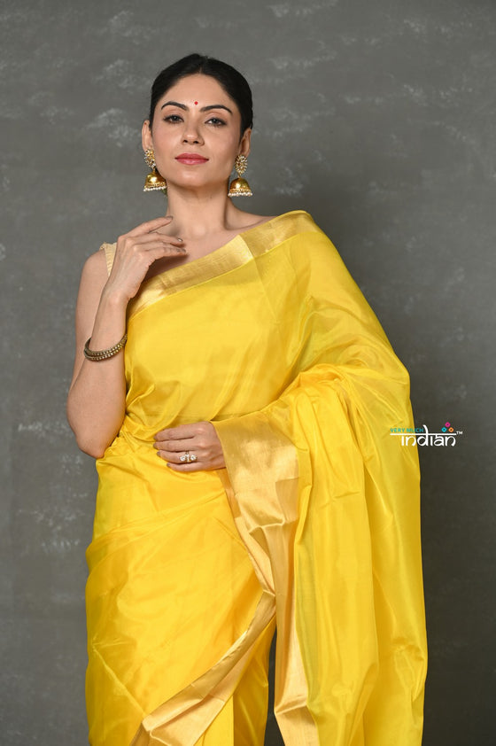 Tyohaar ~ Handloom Pure Chanderi Cotton Silk Saree With Golden Border - Yellow