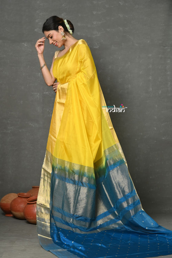 Tyohaar ~ Handloom Pure Chanderi Cotton Silk Saree With Golden Border - Yellow