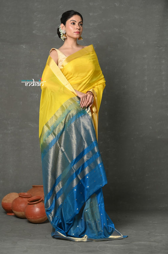 Tyohaar ~ Handloom Pure Chanderi Cotton Silk Saree With Golden Border - Yellow