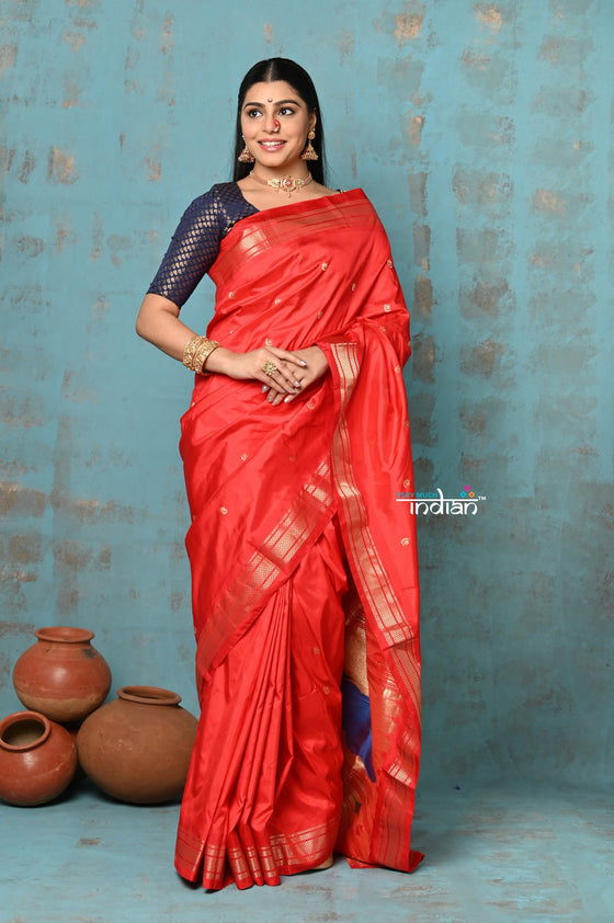 Tyohaar ~ Chandrakala: Handloom Pure Silk Paithani Saree with Traditional Peacock Pallu ~ Red (By Government Certified Weavers)