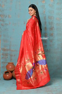  Tyohaar ~ Chandrakala: Handloom Pure Silk Paithani Saree with Traditional Peacock Pallu ~ Red (By Government Certified Weavers)