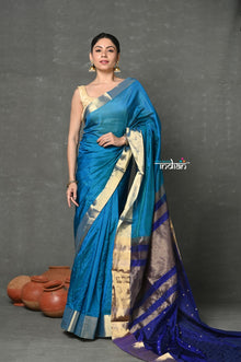  Tyohaar ~ Handloom Pure Chanderi Cotton Silk Saree With Golden Border - Blue