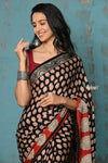 Handloom Modal Silk Saree With Ajrakh Handblock Print With Eco-Friendly Vegetable Dye~ Black