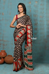 Handloom Modal Silk Saree With Ajrakh Handblock Print With Eco-Friendly Vegetable Dye~ Black