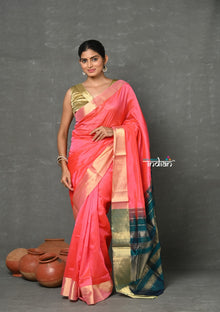  Tyohaar ~ Handloom Pure Chanderi Cotton Silk Saree With Golden Border - Pink