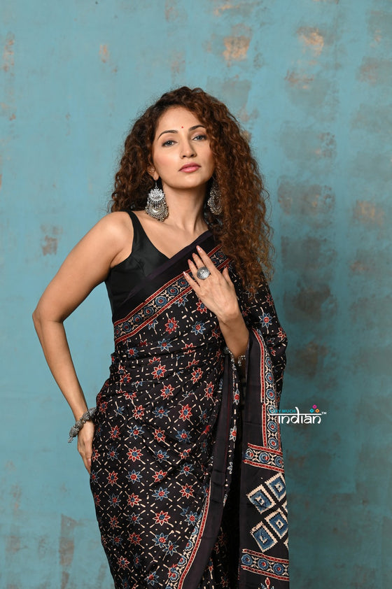 Handloom Modal Silk Saree With Ajrakh Handblock Print With Eco-Friendly Vegetable Dye~ Black Hue