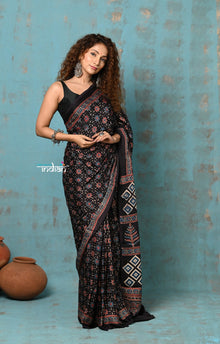  Handloom Modal Silk Saree With Ajrakh Handblock Print With Eco-Friendly Vegetable Dye~ Black Hue