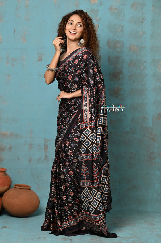 Handloom Modal Silk Saree With Ajrakh Handblock Print With Eco-Friendly Vegetable Dye~ Black Hue