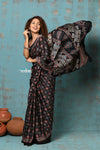 Handloom Modal Silk Saree With Ajrakh Handblock Print With Eco-Friendly Vegetable Dye~ Black Hue