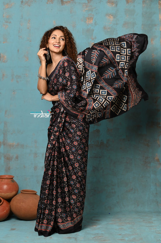 Handloom Modal Silk Saree With Ajrakh Handblock Print With Eco-Friendly Vegetable Dye~ Black Hue