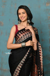 Handloom Modal Silk Saree With Ajrakh Handblock Print With Eco-Friendly Vegetable Dye ~ Onyx Black