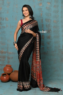  Handloom Modal Silk Saree With Ajrakh Handblock Print With Eco-Friendly Vegetable Dye ~ Onyx Black