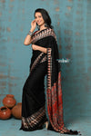 Handloom Modal Silk Saree With Ajrakh Handblock Print With Eco-Friendly Vegetable Dye ~ Onyx Black