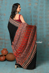 Handloom Modal Silk Saree With Ajrakh Handblock Print With Eco-Friendly Vegetable Dye ~ Onyx Black