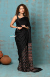 Handloom Modal Silk Saree With Ajrakh Handblock Print With Eco-Friendly Vegetable Dye ~ Serene Black