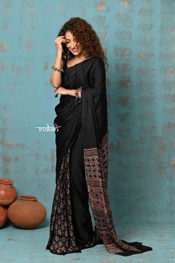 Handloom Modal Silk Saree With Ajrakh Handblock Print With Eco-Friendly Vegetable Dye ~ Serene Black