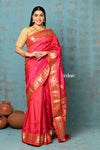 Tyohaar ~ Handloom Pure Silk Paithani Saree with Traditional Peacock Lotus Pallu ~  Dual Tone Peach Pink (By Government Certified Weavers)