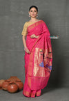 Tyohaar ~ Handloom Pure Cotton Paithani With Peacock Pallu~ Fresh Pink