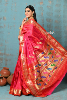  Tyohaar ~ Handloom Pure Silk Paithani Saree with Traditional Peacock Lotus Pallu ~  Dual Tone Peach Pink (By Government Certified Weavers)